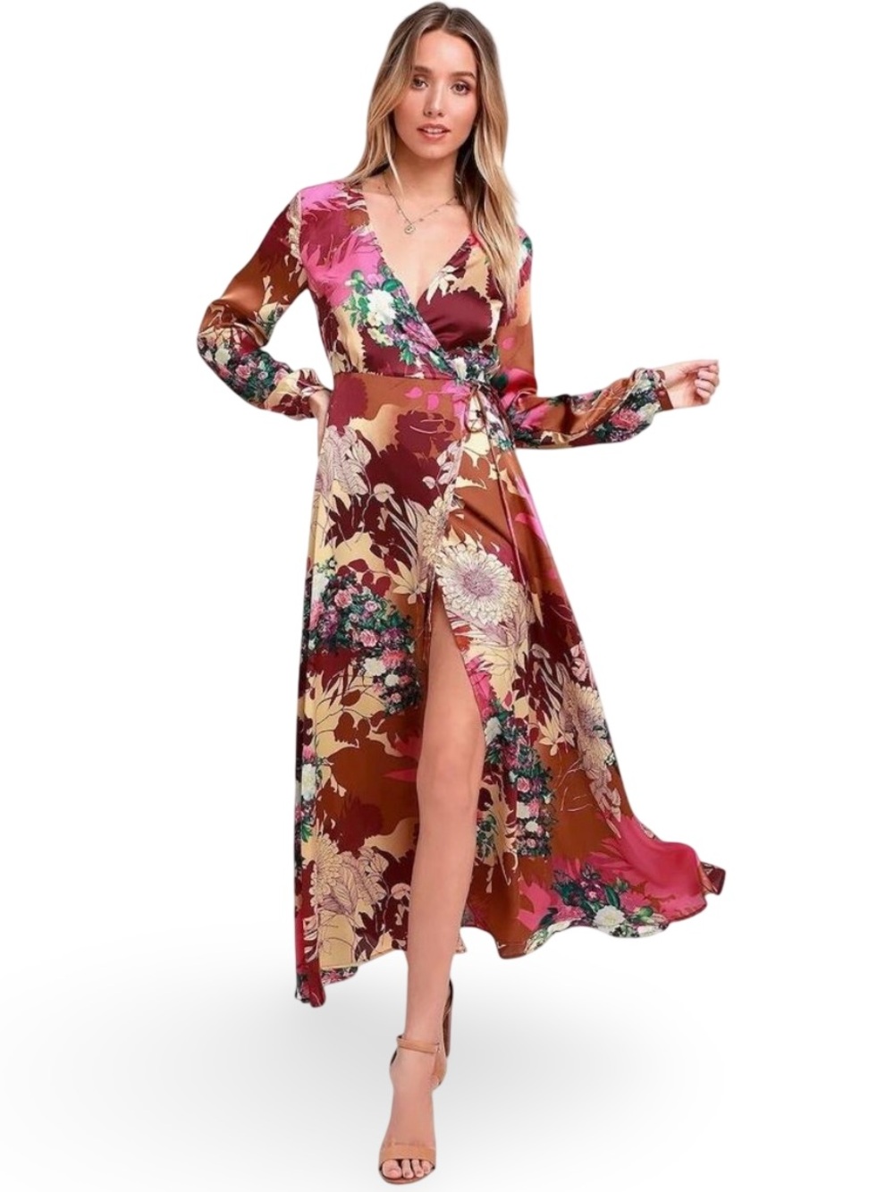 Lulu’s Burgundy Floral Maxi Wrap Put On A Smile Dress size XL